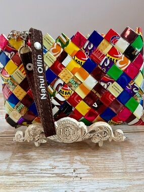 🍭 Nahui Ollin Candy Wrapper Woven Wristlet Clutch Bag Multi-Color Boho Y2K Eco 🍭